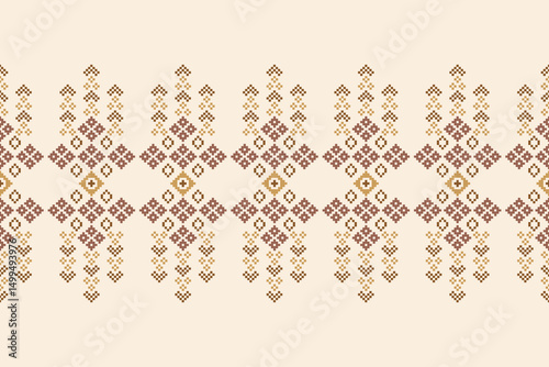 Ethnic pattern traditional fabric motif ikat geometric cross stitch.Ikat embroidery Ethnic oriental Pixel brown color label background. Abstract,vector. Texture,decoration,wallpaper.