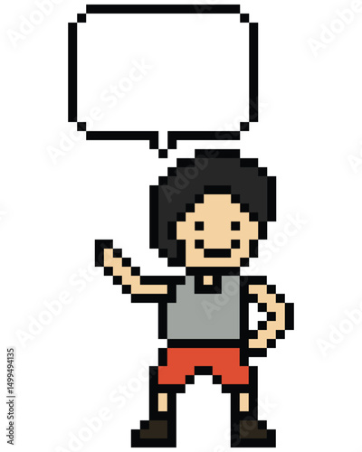 Cartoon pixel cute character man face with chat box blank decoration 8 bit male boy say speak discuss idea chat box cartoon pixel 8bit game png vector.