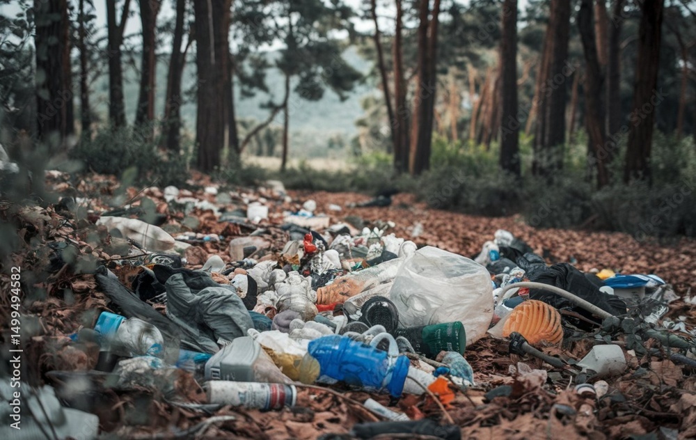 Fototapeta premium A forest with garbage and plastics scattered on the ground