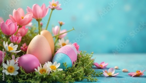 Vibrant pastel Easter eggs nestled amongst blooming spring flowers , colorful eggs, flowers, pastel