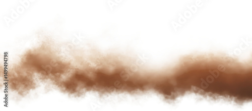 Brown dust sand soil smoke cloud particles isolated on a transparent white background. Sandstorm effect, smog, dust explosion rising, Smoke fog overlay effect. Blurred soil dust. PNG design elements