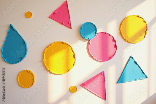 Wallpaper Mural Vibrant Geometric Patterns: Abstract wall art featuring an array of colorful shapes arranged in a dynamic composition, with smooth textures and playful design. Torontodigital.ca
