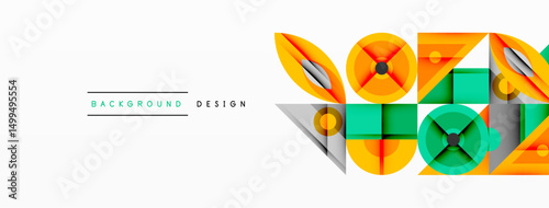 Abstract geometric shapes, vibrant colors, modern design. Orange, teal, gray elements create dynamic composition. Clean background enhances visual impact.
