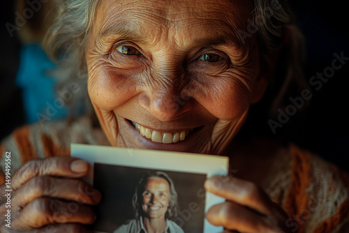 Old woman smiling holding a photo from her youth, her eyes filled with warmth