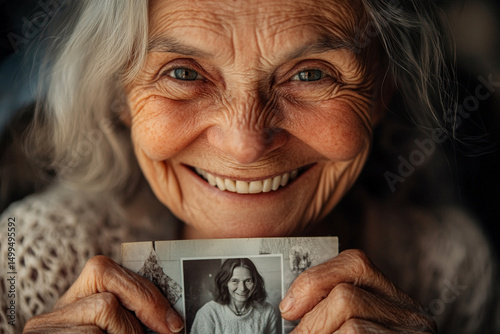 Old woman smiling holding a photo from her youth, her eyes filled with warmth