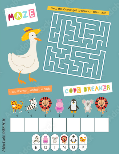 Cute Animals Activity Pages for Kids book. Printable Activity Sheet with Mini Games – maze, code breaker. Vector illustration.