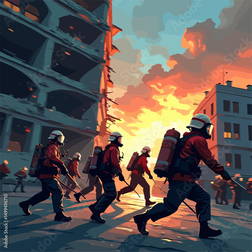 Urgent Rescue: Vector Illustration of Civilians Evacuated from Damaged Building with Motion Blur. Dynamic Action Scene: Comic Book Style Emergency Evacuation, Featuring Blurred Details and Vivid