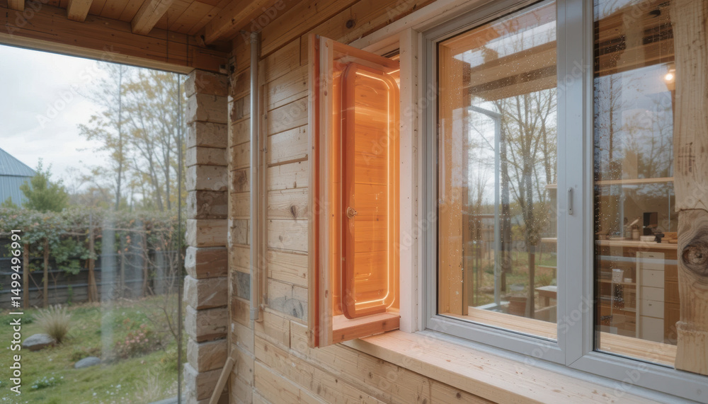 Fototapeta premium Heat retaining window system enhances energy efficiency in passive home, showcasing modern design and natural light