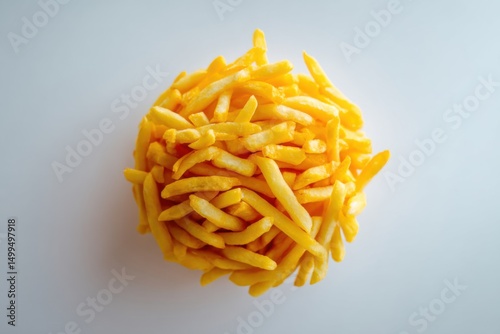 Aerial view of golden french fries pile on white background studio shot of fried potatoes ready to eat