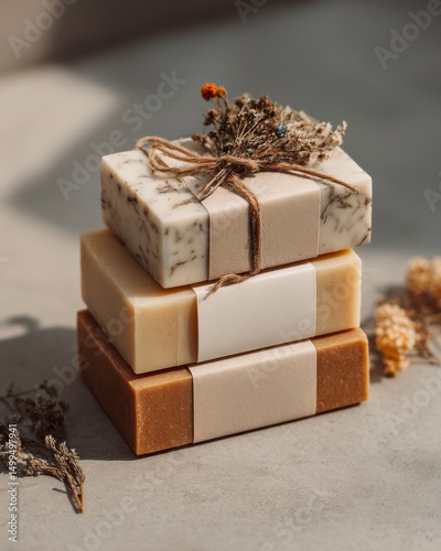 Close-Up of Stacked Soap Bars with Herbs