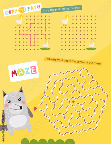 Cute Animals Activity Pages for Kids. Printable Activity Sheet with Mini Games – copy the path, maze. Vector illustration.
