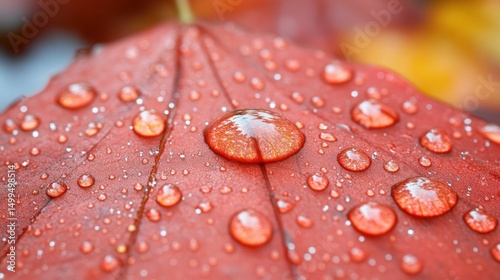 Autumn leaf covered in water droplets photo