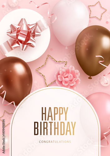 Vector birthday elegant greeting card, banner or party invitation with realistic 3d golden, pink and white balloons and falling confetti on pink background. Vector illustration