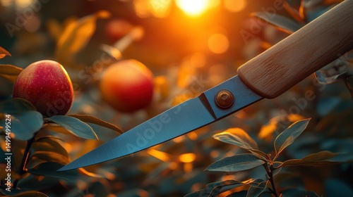 Autumnal fruit knife amidst orchard