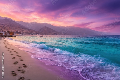 Coastal Serenity Footprints on Sand Beach at Sunset with Mountains and Waves in Oman Musandam