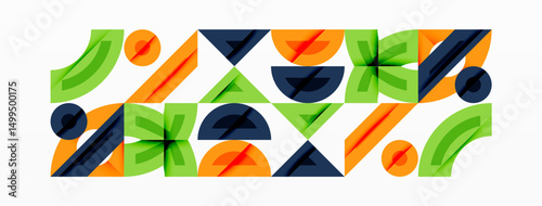 Abstract geometric pattern. Shapes repeat, creating rhythmic visual texture. Colors include orange, green, navy. Modern design element.