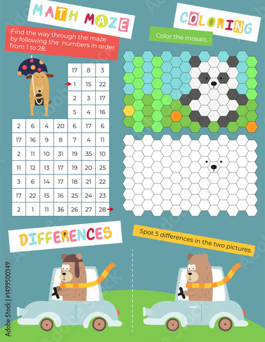 Cute Animals Activity Pages for Kids. Printable Activity Sheet with Animals Mini Games – Math maze, coloring mosaic, find differences. Vector illustration.