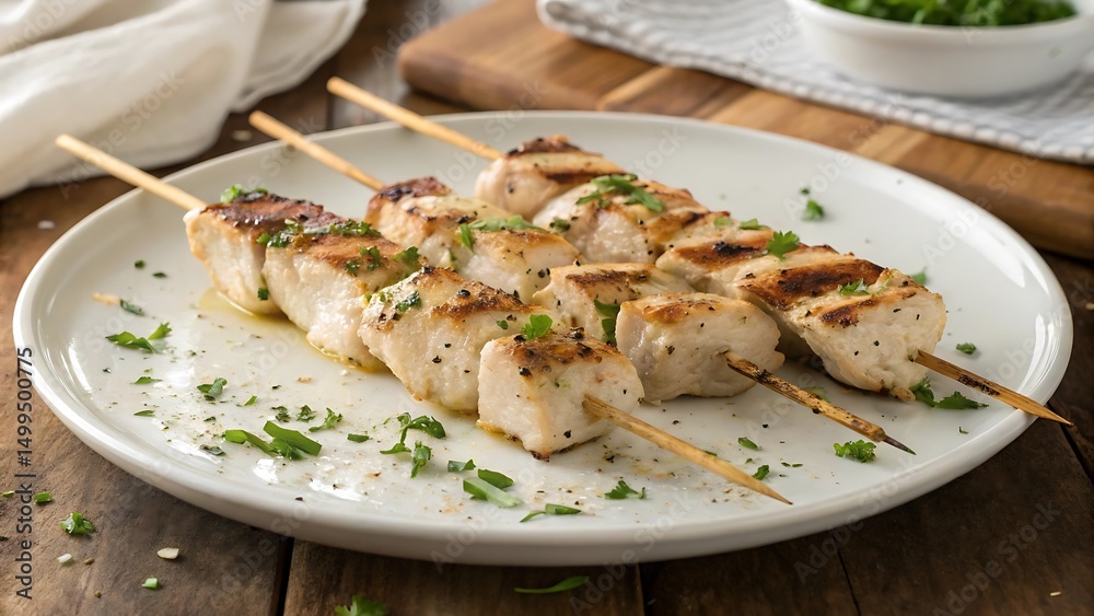 Garlic Parmesan Grilled Chicken Skewers on White Plate with Golden Brown Juicy Chicken, Crisscross Grill Marks and Fresh Parsley Garlic Parmesan Grilled Chicken Skewers on White Plate with Golden Brown Juicy Chicken, Crisscross Grill Marks and Fresh Parsley