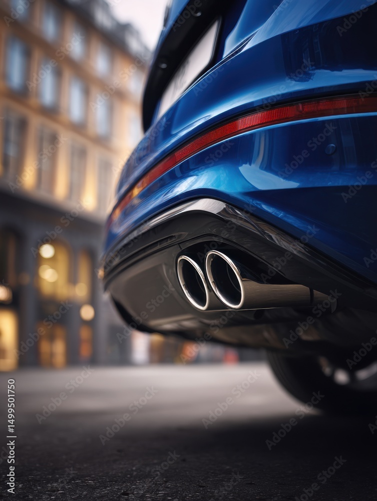 Fototapeta premium Blue car rear detail showing exhaust pipes in city setting low angle automotive photography