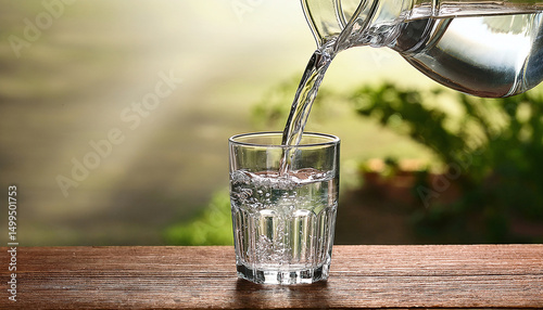 Fresh water pouring into a glass from a pitcher, with a backdrop of sunlight and nature. Capturing the essence of hydration and purity