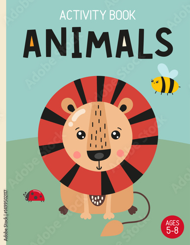 Cover template for Kids activity book, Dinosaur game activities book. Vector illustration