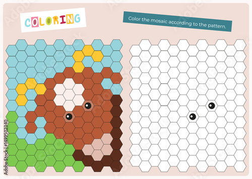 Cute animals activities for kids. Copy the picture in mosaic – cow. Logic games for children. Coloring page for activity book. Vector illustration. Flash card.