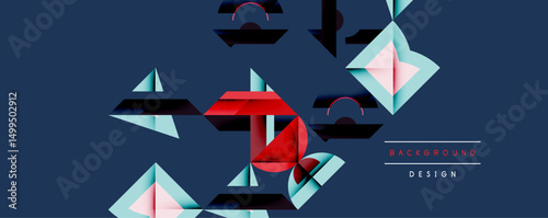 Abstract geometric shapes overlap, creating dynamic visual effect. Blue background contrasts with red accents, modern design elements present.