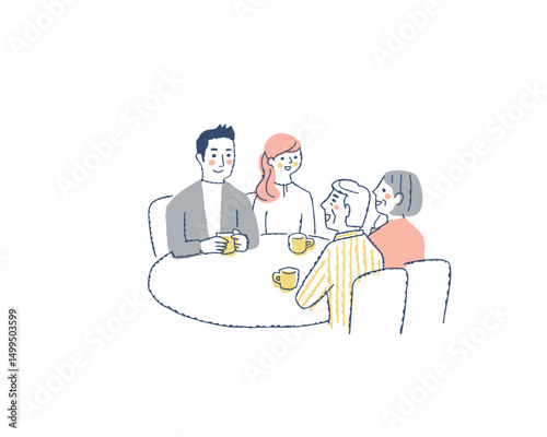 テーブルを囲んで話をしている4人