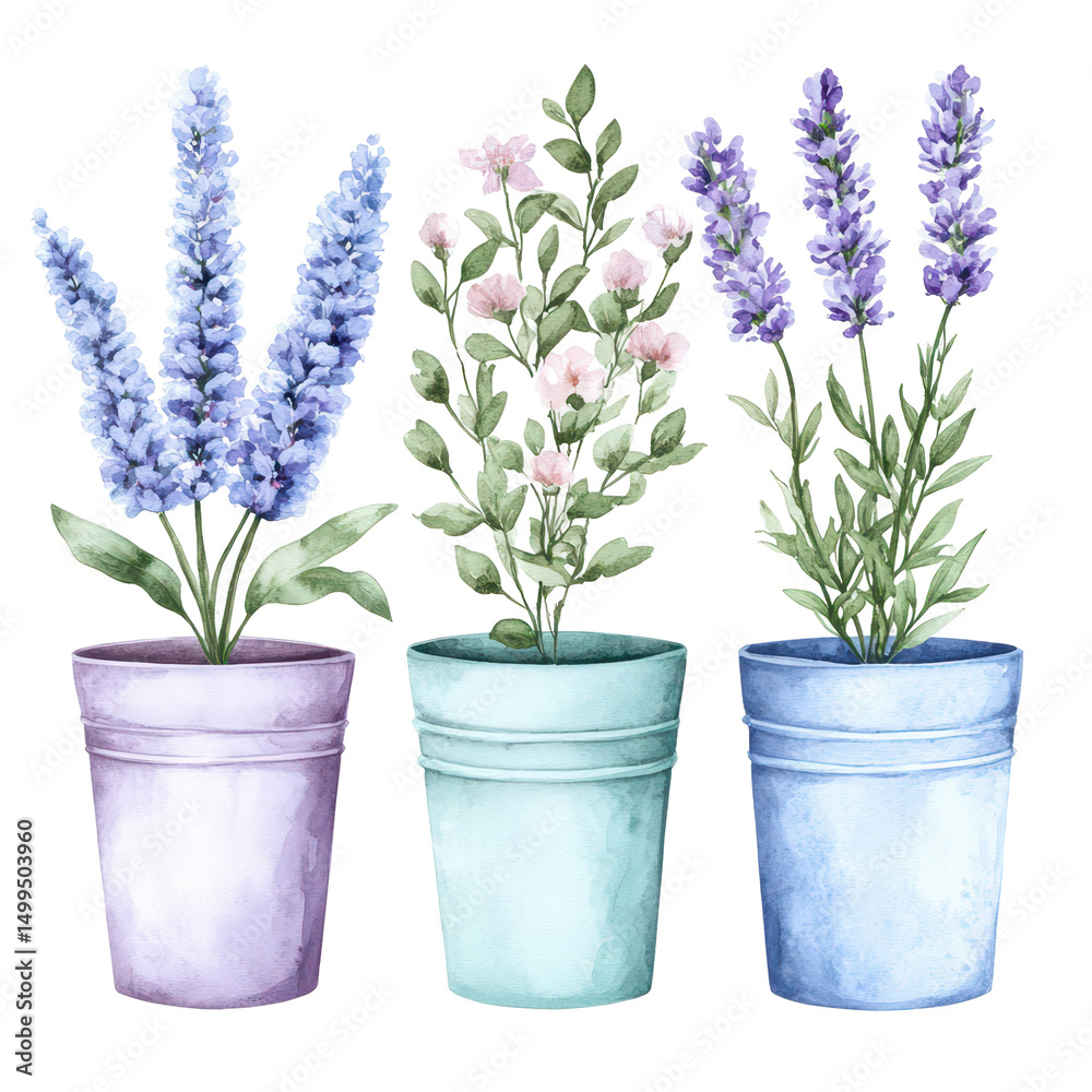 Obraz premium Floral Harmony: A trio of potted plants, each blossoming with unique charm, stands together in a bright display of floral beauty, the vibrant colors.