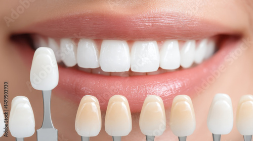 Close up of bright smile with dental shade guide showing teeth whitening and color matching for confident look