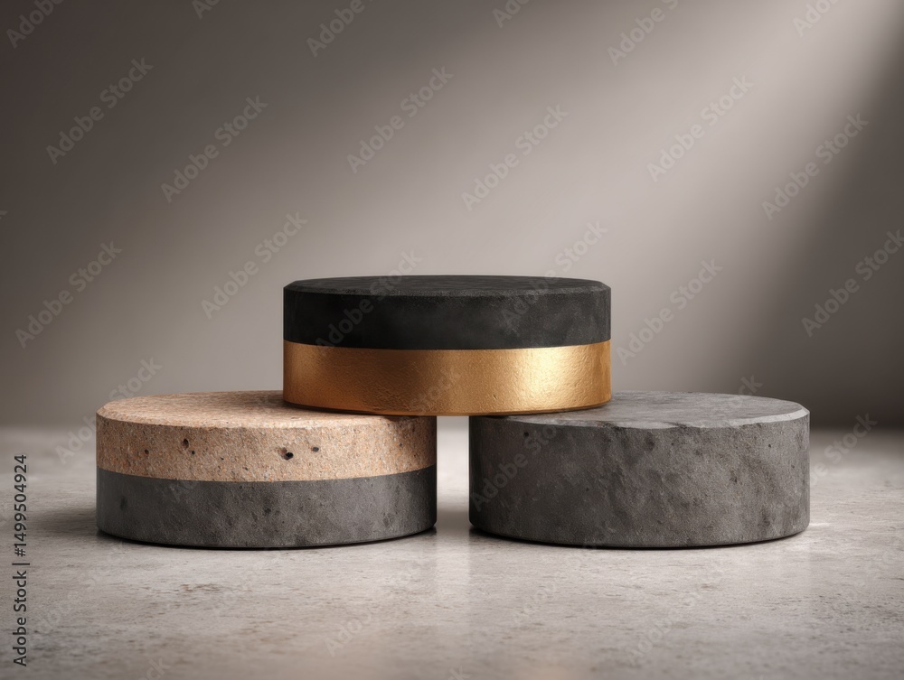 Minimalist studio shot of three tiered podiums with concrete texture and gold accent for product display and presentation Minimalist studio shot of three tiered podiums with concrete texture and gold accent for product display and presentation