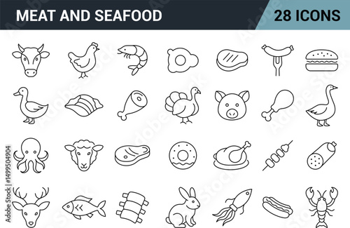 Meat and Seafood Line Editable Icons Set. Includes Farm Animals, Fish, Poultry, Processed Meat, Seafood, and More. Vector Illustration.