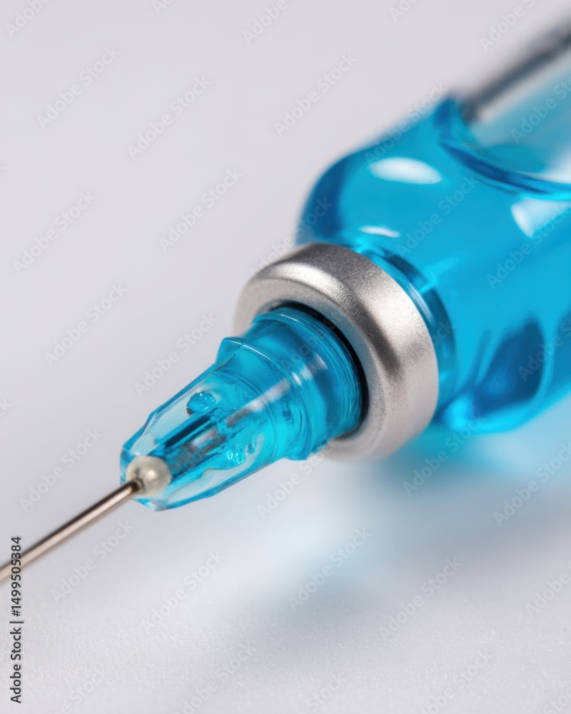 Close up of a syringe with blue liquid for medical use on a white background studio shot health care solution Close up of a syringe with blue liquid for medical use on a white background studio shot health care solution
