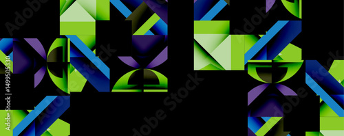 Abstract geometric shapes, vibrant green, deep blue hues. Complex patterns, modern design, digital illustration. Minimalist aesthetic, striking contrast.