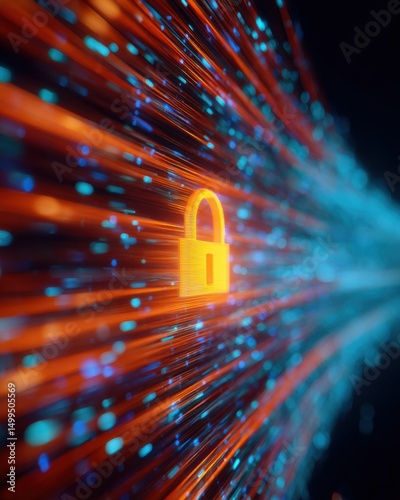 Golden padlock on data stream abstract concept of cybersecurity and data protection with orange and blue light trails