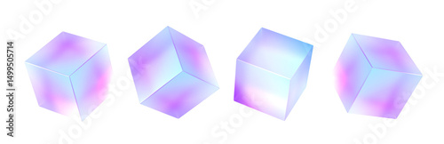 3d glass holographic frosted morphism cube isolated render icon set. Abstract geometric translucent block shapes with color neon hologram gradient, square plastic or acrylic objects