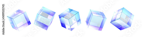 Abstract crystal light holographic glass cube box 3d render icon set. Transparent geometric block shapes with rainbow hologram gradient. Isolated glossy square objects, clear elements