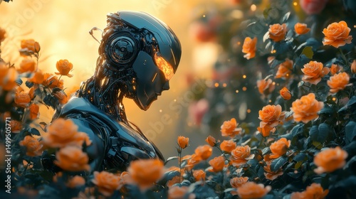 Futuristic robot amidst vibrant rose garden. Peaceful scene. Possible use Digital art, sci-fi, wallpaper