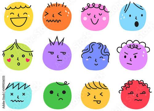Set of face mood emoticon emoji colorful cartoon illustration hand draw 