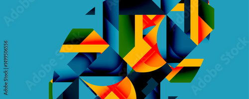 Abstract geometric shapes overlap, creating vibrant composition. Blue background contrasts with orange, green, red elements. Modern design.
