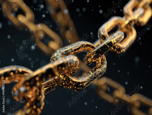 Golden chain links showing technology and connection in a close up macro shot against a dark background