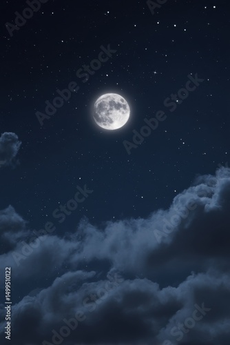 Full moon shining brightly in the night sky with clouds and stars above in a serene view