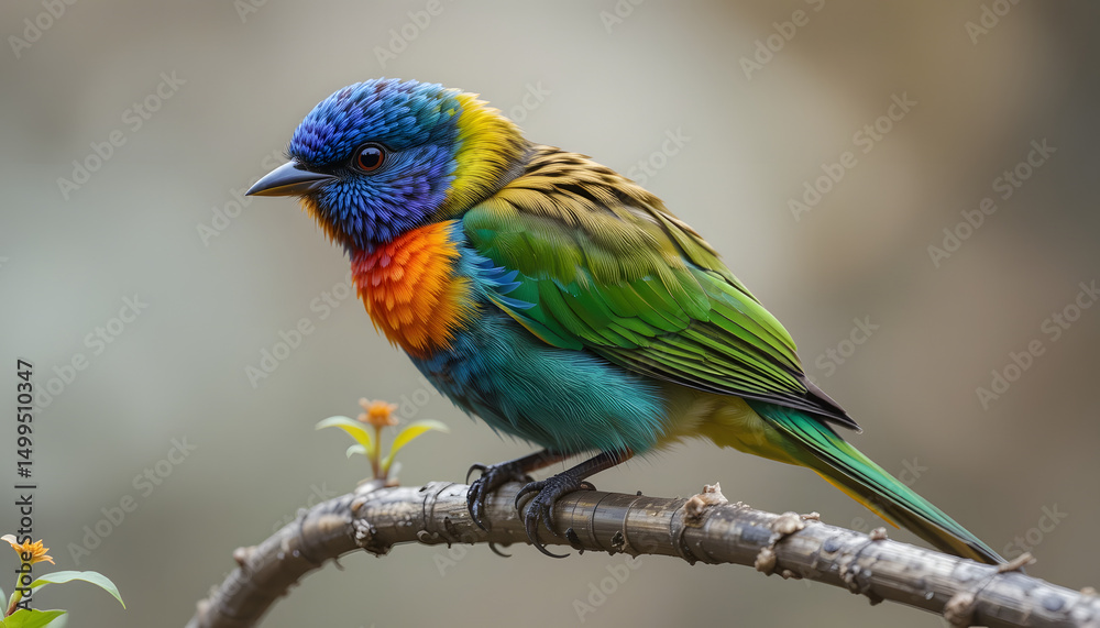 Title: Colorful Exotic Bird Perched on a Branch with a Vibrant Plumage and Soft-Focus Background Title: Colorful Exotic Bird Perched on a Branch with a Vibrant Plumage and Soft-Focus Background