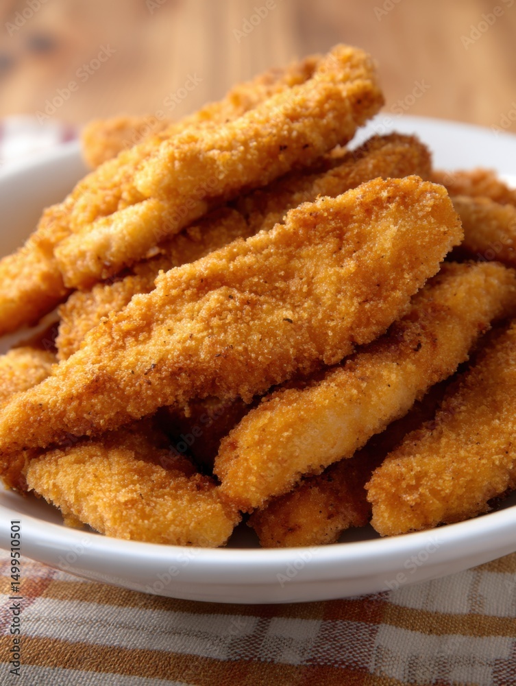 Close up of crispy golden fried chicken strips in a white bowl on a rustic wooden table with a checkered tablecloth Close up of crispy golden fried chicken strips in a white bowl on a rustic wooden table with a checkered tablecloth