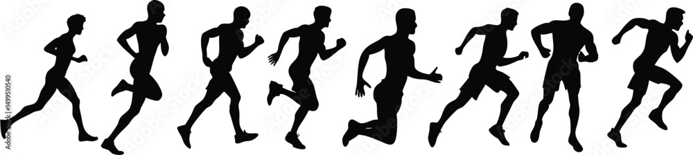 Men running silhouette set on white background, collection of human running various position vector
