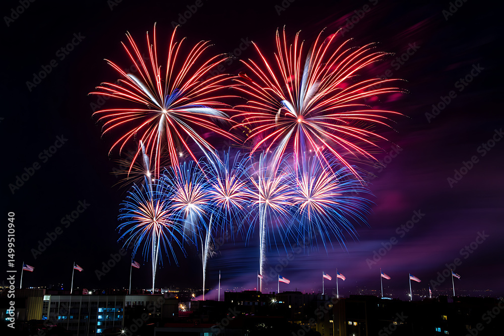 Brilliant red, white, and blue fireworks light up the night sky over a city with waving American flags in celebration of independence day Brilliant red, white, and blue fireworks light up the night sky over a city with waving American flags in celebration of independence day
