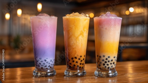 Wallpaper Mural Three Boba Tea Drinks on Wooden Table in Restaurant Setting Eye Level Close Up Shot Refreshing Colorful Drinks Torontodigital.ca
