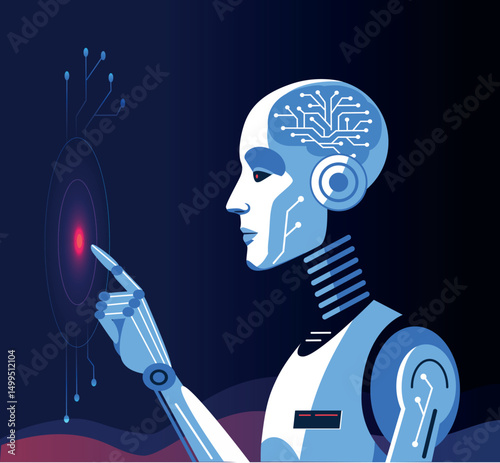 Artificial intelligence robot. AI robot trying to press red button vector illustration