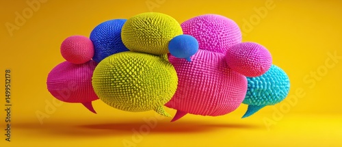 Colorful Speech Bubbles Floating on Yellow Background Communication Concept Close Up Studio Shot Abstract 3D Rendering