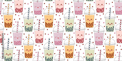 Cute seamless pattern with plastic glasses of bubble tea. Funny kawaii characters of drinks. Vector illustration